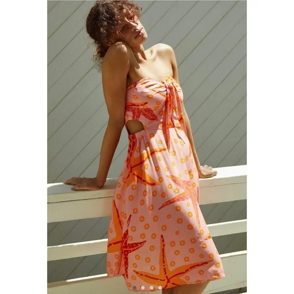 Farm Rio Under The Sea Cover Up cutout midi dress in orange and Pink size L